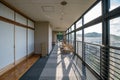 Indoor view of a traditional luxury Japanese hotel corridor, Kosenkaku hotel in Arima Onsen, Japan