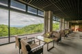 Indoor view of a traditional luxury Japanese hotel lobby, Kosenkaku hotel in Arima Onsen, Japan