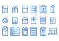 Indoor windows of various forms line art flat design. Classic front view decoration.