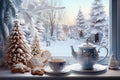 An indoor winter scene featuring a cup of tea, a teapot, and gingerbread cookies on a window sill, with a snowy landscape visible Royalty Free Stock Photo