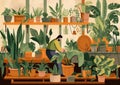 woman interior entrepreneur indoor hobby room flower pot houseplant florist gardener botanist. Generative AI. Royalty Free Stock Photo