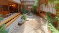 Tranquil indoor Japanese garden with raked sand patterns, stepping stones Royalty Free Stock Photo