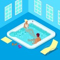 Indoors Jacuzzi with Woman and Man. Isometric People.