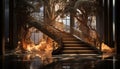 Indoors, nature, tree, architecture, window, night, reflection, wood, staircase generated by AI