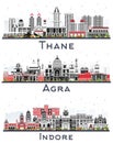 Indore, Agra and Thane India City Skylines Set with Gray Buildings Isolated on White
