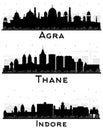 Indore, Thane and Agra India City Skyline Silhouettes Set