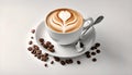 AI-Generated Cappuccino Bliss: Taste, Relax, and Enjoy Happiness in a White Cup on a Serene Background