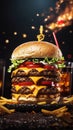 Cheese burger - American cheese burger with Golden French fries on black background