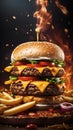 Cheese burger - American cheese burger with Golden French fries on black background