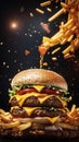 Cheese burger - American cheese burger with Golden French fries on black background