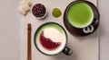 AI-Generated Uji Kintoki: Japanese Matcha Latte Harmony with Sweet Red Bean Paste and Mochi