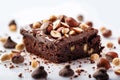 Indulge in allure brownie slice with hazelnuts on white canvas Royalty Free Stock Photo