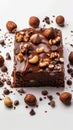 Indulge in allure brownie slice with hazelnuts on white canvas Royalty Free Stock Photo