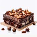 Indulge in allure brownie slice with hazelnuts on white canvas Royalty Free Stock Photo