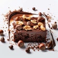 Indulge in allure brownie slice with hazelnuts on white canvas Royalty Free Stock Photo