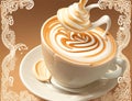 Cup of Cappuccino or Latte Art on Brown Background