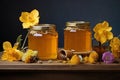 Artistic Still Life: Jars of Honey, Pollen, and Flowers