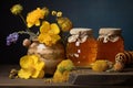 Artistic Still Life: Jars of Honey, Pollen, and Flowers