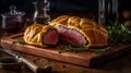 Indulge in the classic British dish with this Beef Wellington on a wooden tray, its savory aroma and appetizing appearance sure to