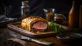 Indulge in the classic British dish with this Beef Wellington on a wooden tray, its savory aroma and appetizing appearance sure to