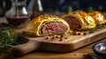 Indulge in the classic British dish with this Beef Wellington on a wooden tray, its savory aroma and appetizing appearance sure to