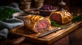 Indulge in the classic British dish with this Beef Wellington on a wooden tray, its savory aroma and appetizing appearance sure to