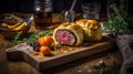 Indulge in the classic British dish with this Beef Wellington on a wooden tray, its savory aroma and appetizing appearance sure to