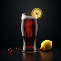 Refreshing glass of carbonated cola with foam head and lemon slice garnish