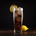 Refreshing glass of carbonated cola with foam head and lemon slice garnish