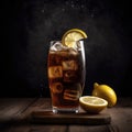 Refreshing glass of carbonated cola with foam head and lemon slice garnish