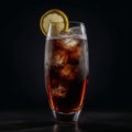 Refreshing glass of carbonated cola with foam head and lemon slice garnish