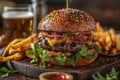 Gourmet galaxy-themed burger with cosmic beer and space fries on a rustic table Royalty Free Stock Photo