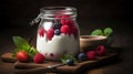 Indulge in the Creamy Delights of Yogurt, Embellished with Juicy Berries, Raspberries, and Fragrant Mint. Generative AI