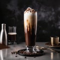 Creamy, frothy drink in a tall glass with milk, seltzer, and chocolate syrup