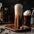 Creamy, frothy drink in a tall glass with milk, seltzer, and chocolate syrup