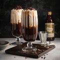 Creamy, frothy drink in a tall glass with milk, seltzer, and chocolate syrup