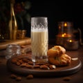 Creamy and nutty Badam Milk in a tall glass with sweet pastries on table Royalty Free Stock Photo