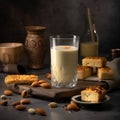 Creamy and nutty Badam Milk in a tall glass with sweet pastries on table Royalty Free Stock Photo