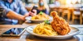 Indulge in Crispy Fried Chicken Spaghetti Effortless Online Ordering via Blurred QR Code Royalty Free Stock Photo