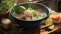 Vietnamese Culinary Poetry: A Hearty Bowl of Pho Overflowing with Flavorful Broth, Silky Noodles, and Fresh Herbs - AI Generative