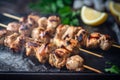 Ai Generative Grilled chicken fillet on skewers with lemon and parsley