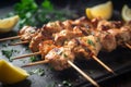 Ai Generative Grilled chicken fillet on skewers with lemon and parsley