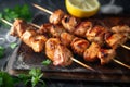 Ai Generative Grilled chicken fillet on skewers with lemon and parsley