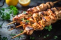 Ai Generative Grilled chicken fillet on skewers with lemon and parsley