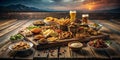 A Rustic Feast for Beer Lovers Delicious Snacks and Dips Await on a Charming Wooden Table Perfect for Royalty Free Stock Photo