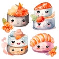 Indulge in a delightful feast for the eyes with the Watercolor Kawaii Sushi Set. This whimsical artwork brings adorable cartoon