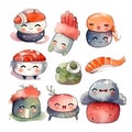 Cute and Colorful Kawaii Sushi Set A Delightful Watercolor Feast for the Eyes