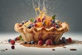 Ai Generative Delicious fruit tartlet or Tasty apple pie on a grey background with splashes of cream