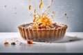 Ai Generative Delicious fruit tartlet or Tasty apple pie on a grey background with splashes of cream