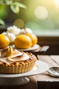 lemon pie with lemon creamy garnish, blur background